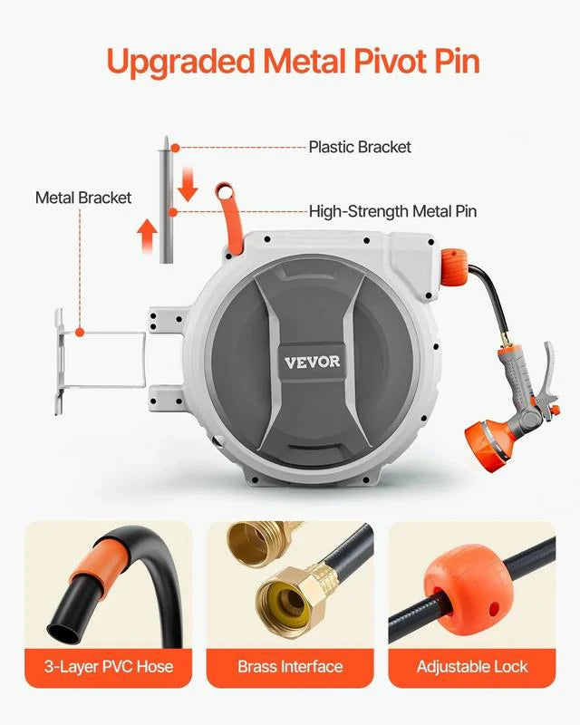 All-Weather Retractable Hose Reel-9-Pattern Spray Nozzle + Lock-Any-Length Control