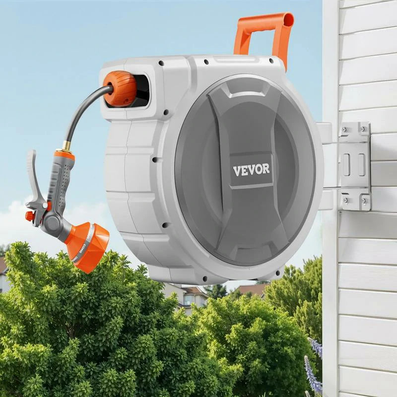 All-Weather Retractable Hose Reel-9-Pattern Spray Nozzle + Lock-Any-Length Control