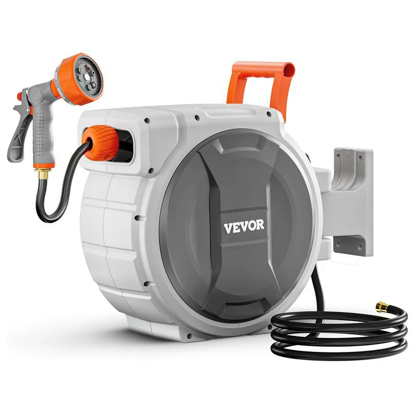 All-Weather Retractable Hose Reel-9-Pattern Spray Nozzle + Lock-Any-Length Control