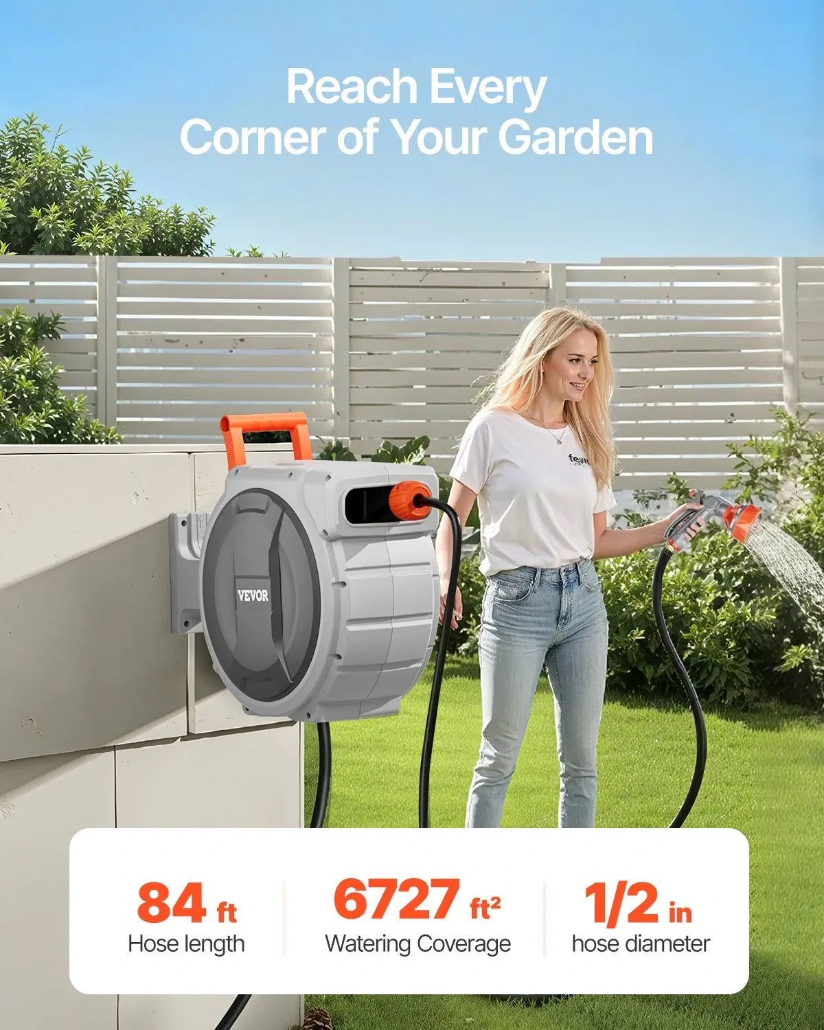 All-Weather Retractable Hose Reel-9-Pattern Spray Nozzle + Lock-Any-Length Control